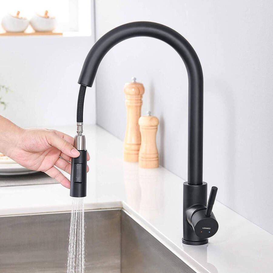 Kraan voor de keuken zwart hogedruk keukenkraan uittrekbaar 360 graden draaibaar mengkraan keuken met douche 2 waterstraalsoorten roestvrijstalen spoelbakarmatuur keuken voor gootsteen