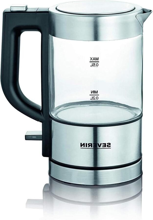 Krachtige en compacte mini glazen waterkoker elektrisch met kalkfilter roestvrij staal zwart 0.5 liter