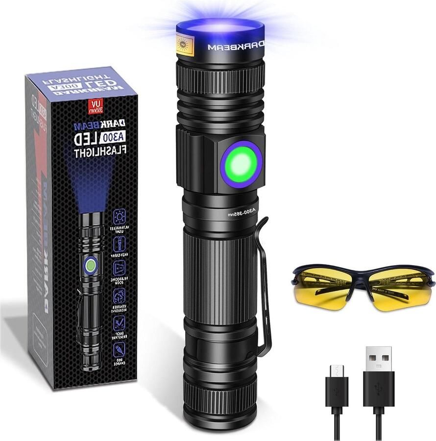Krachtige UV Zwart Licht Zaklamp 365nm Oplaadbaar Detectie van Huisdier Urine Vlekken LED Blacklight Mini Woods Lamp met uv-bril