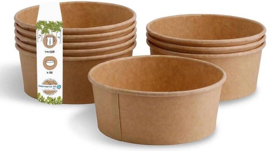 Kraftkartonnen kom 650 ml I 50 composteerbare soepkommen van kraftkarton slakom met PLA-binnencoating I plastic to-go schalen I rond bruin 50 stuks Schalen set