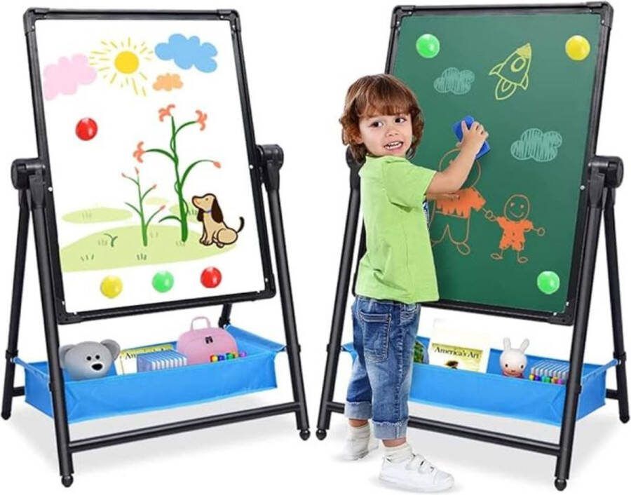 Krijtbord Staand Krijtbord Kinderen Met Opbergruimte – 360 Graden Draaibaar Tekenbord Verstelbaar Schoolbord – Dubbelzijdig Schrijfbord Uitwisbaar – Whiteboard – Educatief Speelgoed Schildersezel