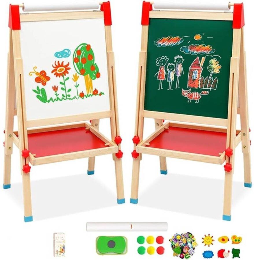 Krijtbord Staand Krijtbord Kinderen Met Opbergruimte – Tekenbord Met Cijfers en Accessoires – Dubbelzijdig Schoolbord Schrijfbord Uitwisbaar – Magnetisch Whiteboard – Educatief Speelgoed Schildersezel