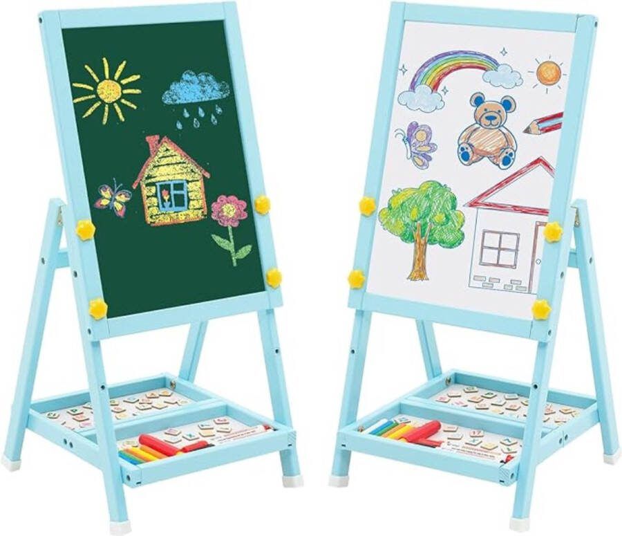 Krijtbord Staand Krijtbord Kinderen Met Opbergruimte – Tekenbord Met Cijfers en Accessoires –Dubbelzijdig Schoolbord Schrijfbord Uitwisbaar – Whiteboard – Educatief Speelgoed Schildersezel