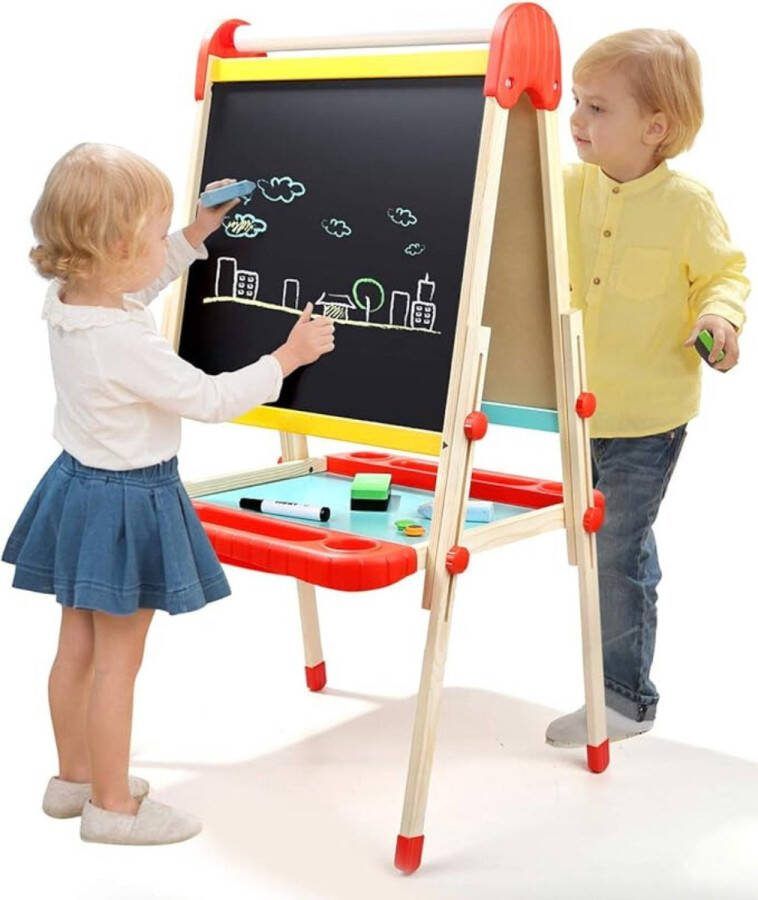 Krijtbord Staand Krijtbord Kinderen Met Opbergruimte – Verstelbare Tekenbord– Dubbelzijdig Schoolbord Schrijfbord Uitwisbaar – Magnetisch Whiteboard – Educatief Speelgoed Schildersezel
