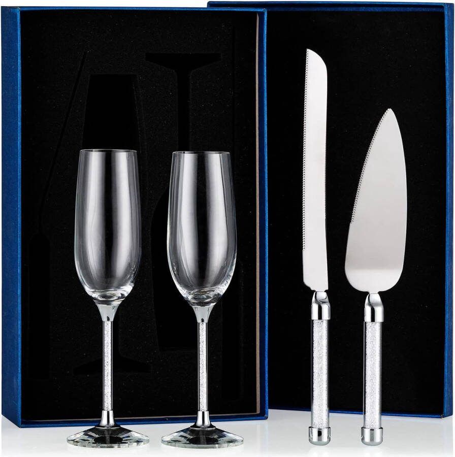 Kristallen champagneglazen bruiloft champagne glazen en cake mes en server set deluxe strass gevulde toastfluiten set voor mannen en vrouwen voor verloving bruidsdouche huwelijksreceptie