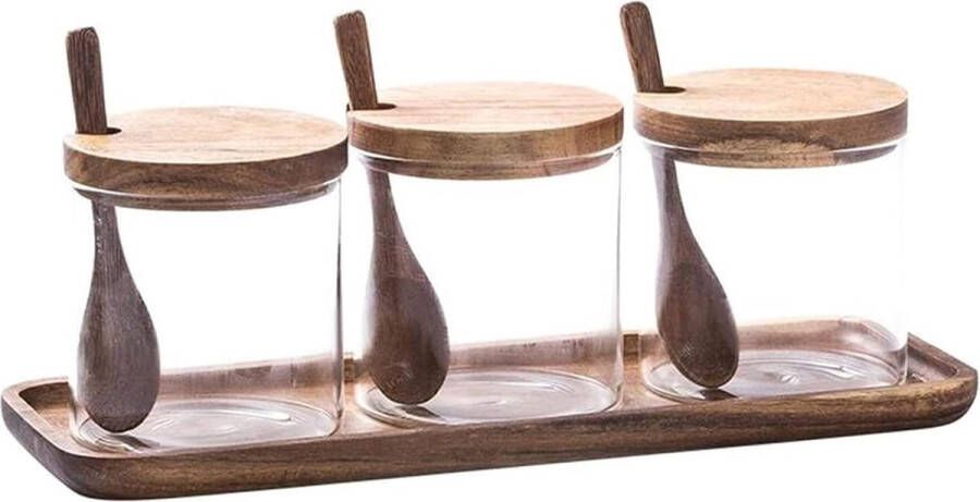 Kruidendozen met trays glazen kruidenpot houten lepel deksel en lepelpot suiker zout opbergcontainer lepelpot