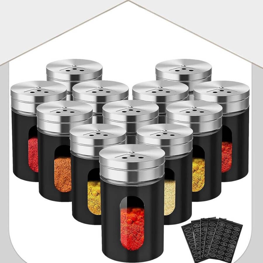 Kruidenpotjes 12 stuks kruidenstrooiers met glazen roestvrij staal 90 ml kruidenpotjes met 3 verschillende boringsschakelaars voor zout zwarte peper zwart