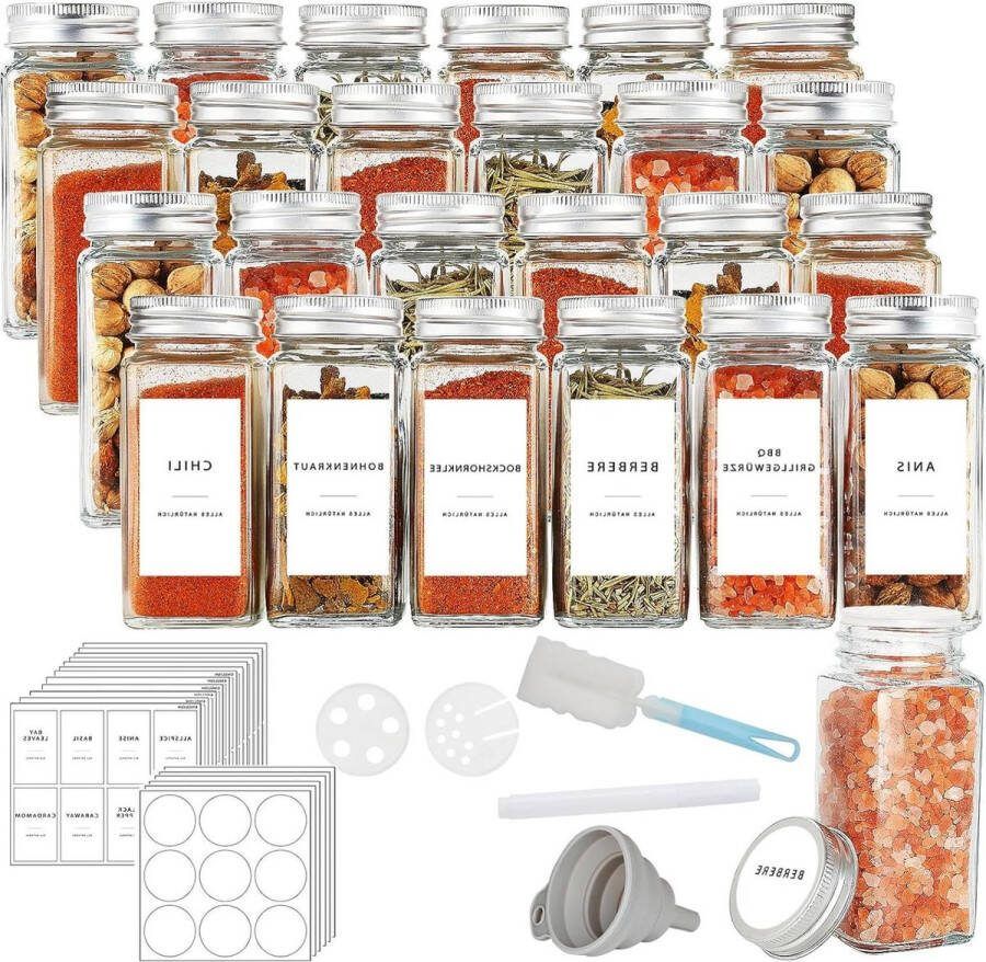 Kruidenpotjes 120 ml 246 kruidenetiketten Kruidenstrooier Strooi-inzetstuk Trechter Reinigingsborstel Pen Wit Kruidenpotjes vierkant