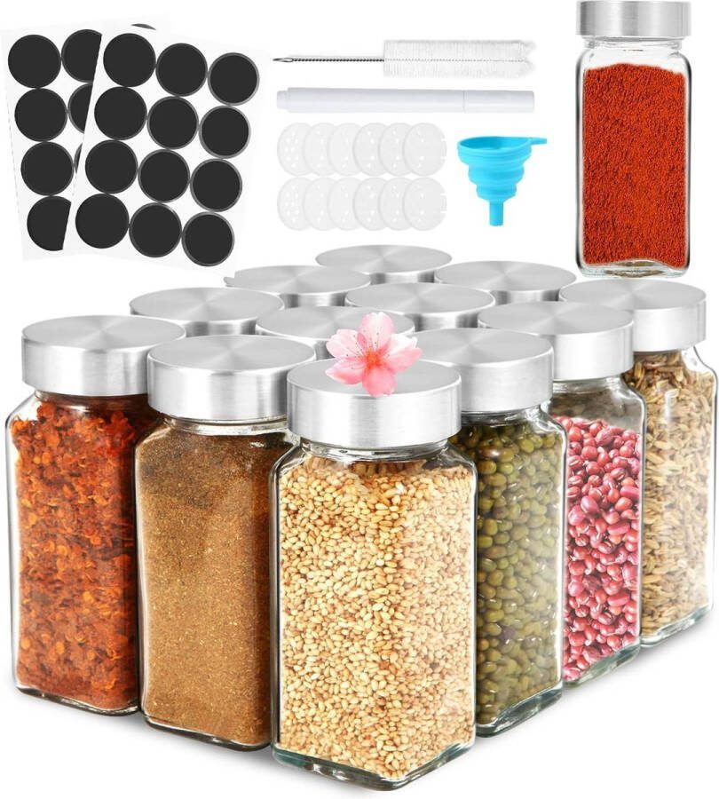Luckybee 12 Spice Jars 120 ml Spice Jars Set Spice Jars Set Spice Jars Spice Containers with Stainless Steel Lid Labels Funnel Cleaning Brush White Marker