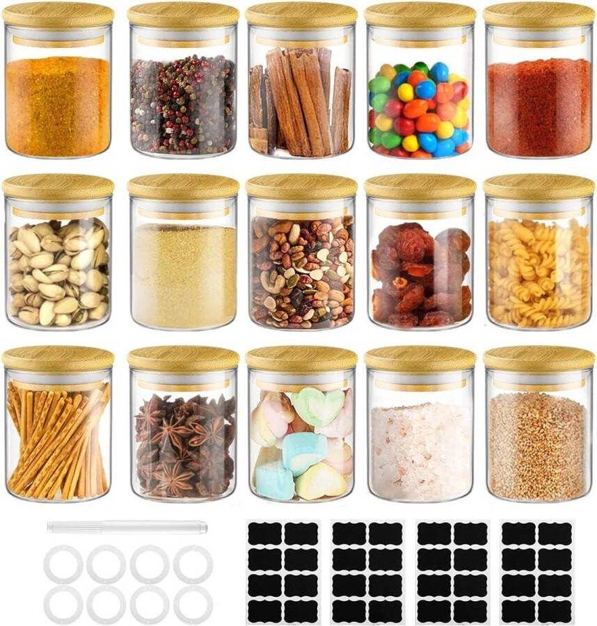 Kruidenpotjes 180ml Borosilicaat met Bamboe Deksel Set van 15 Inclusief 32 Zwarte Etiketten Glazen Opslag voor Kruiden met Zegelring Ø6.7 * 8.8cm kruidenpotjes vierkant