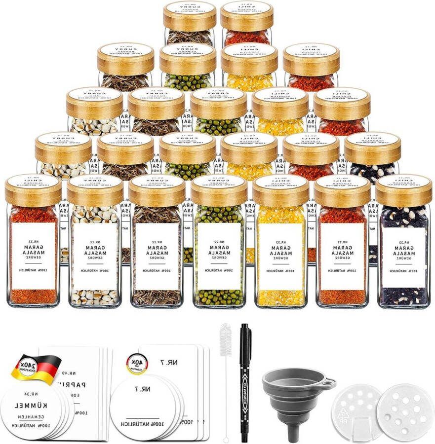 Kruidenpotjes Houten deksel van bamboe Set van 24 120 ml Vierkant glazen kruidenstrooier met strooi-inzetstukken trechter stickers en krijtstift Kruidenpotjes