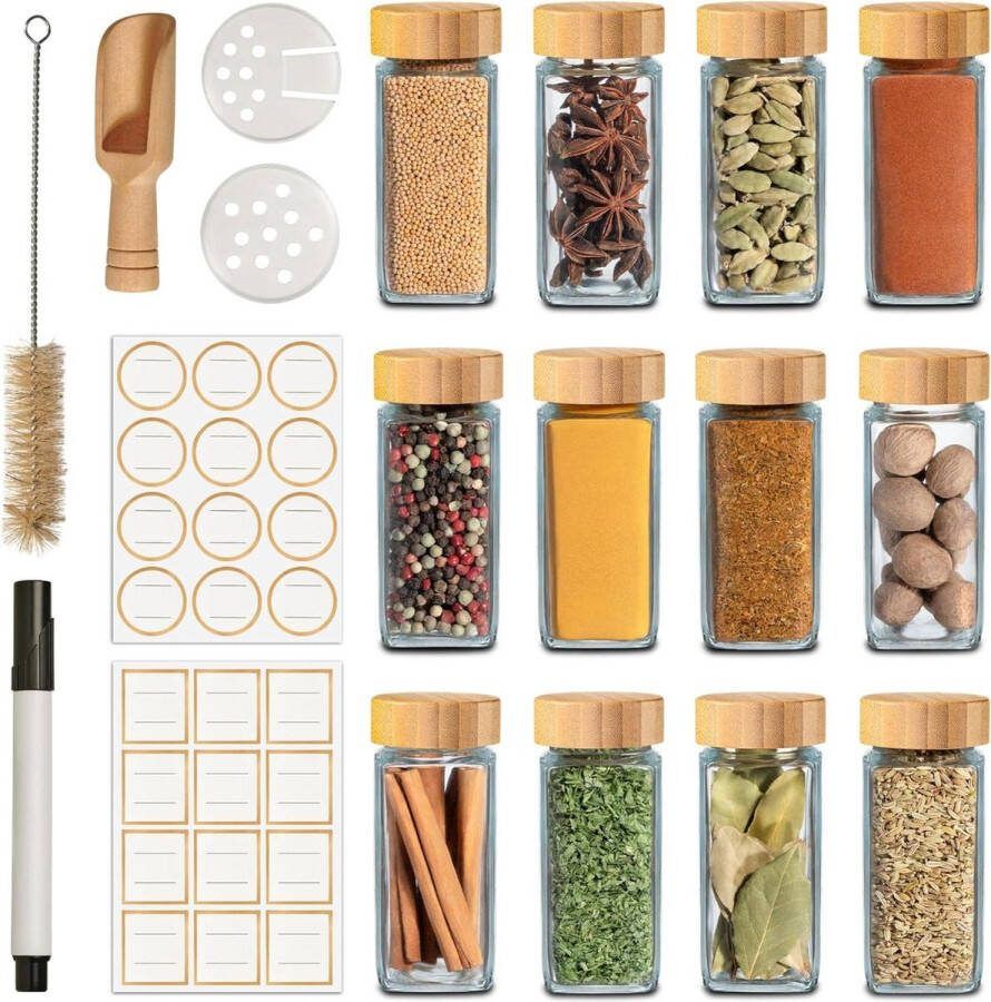 Kruidenpotjes Met Bamboe Deksel en Strooi-inzetstuk Set van 12 120ml Labels Borstel en Houten Lepel kruidenpotjes vierkant