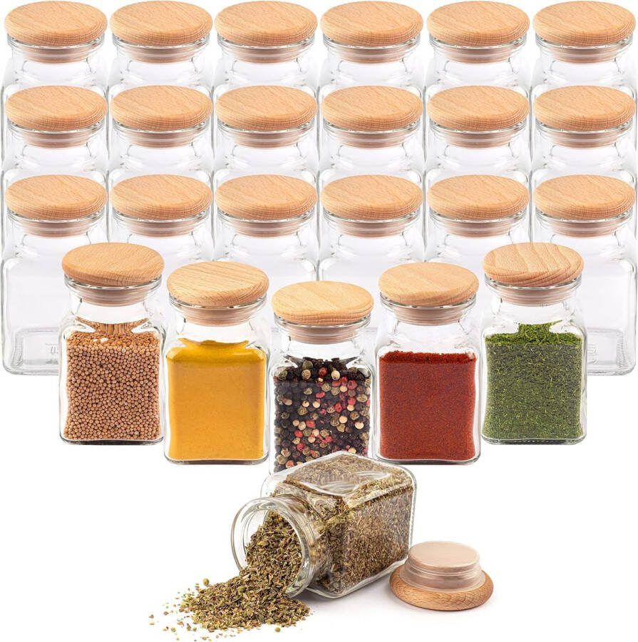 Kruidenpotjes met houten deksel 150 ml x 24 opbergpotten kruidenpotjes kruidenset kruidenbakje kruidenstrooier kruidenopslag kruidenorganizer keukenorganizer ingrediëntencontainer