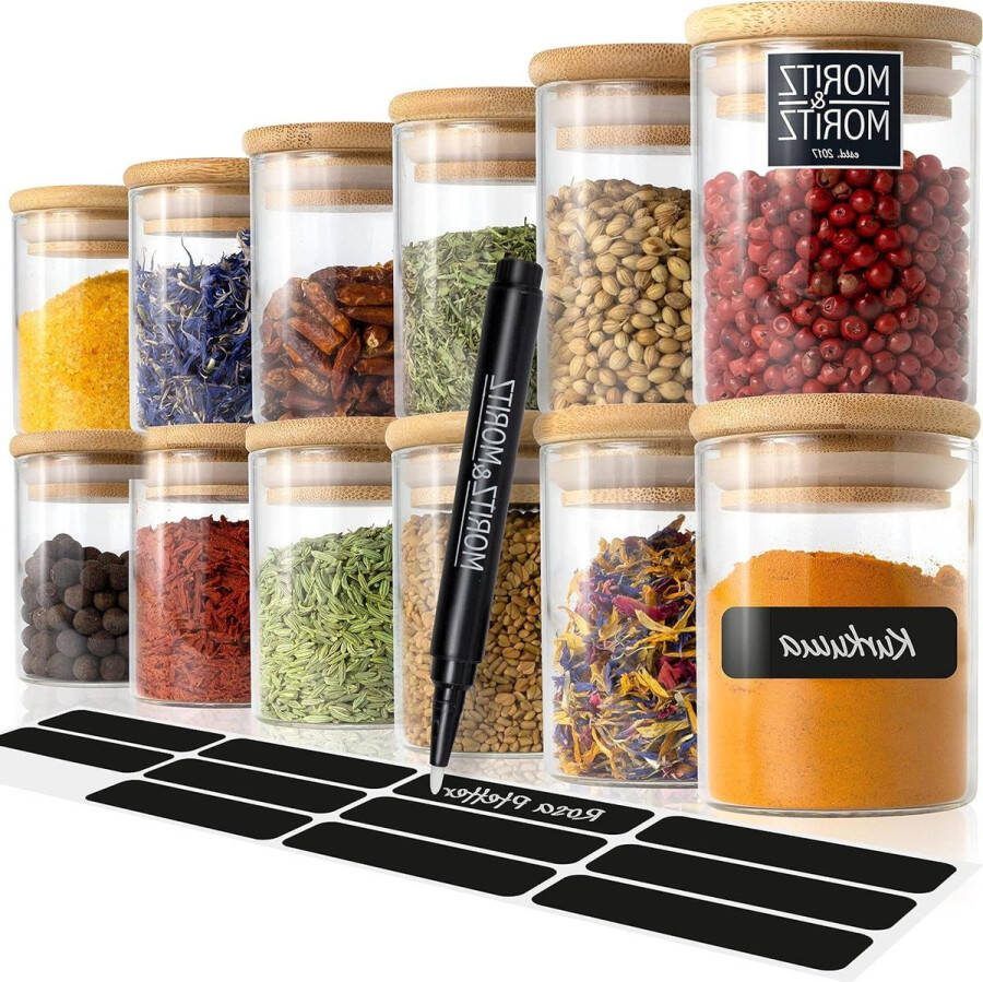 Kruidenpotjes met Stickers 12-delige set 125 ml Glazen Potjes Tafelsticker Krijtstift Luchtdicht Bamboedeksel Specerijen Kruiden Thee Kruidenpotjes met Stickers