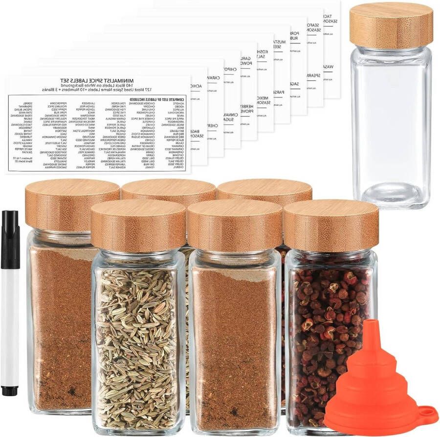 Kruidenpotjes met Stickers 120ml 4oz Ronde Specerijpotten Houten Deksel Keuken Specerijen Suiker Zout Siliconen Trechter Uitwisbare Pen Kruidenpotjes met Stickers