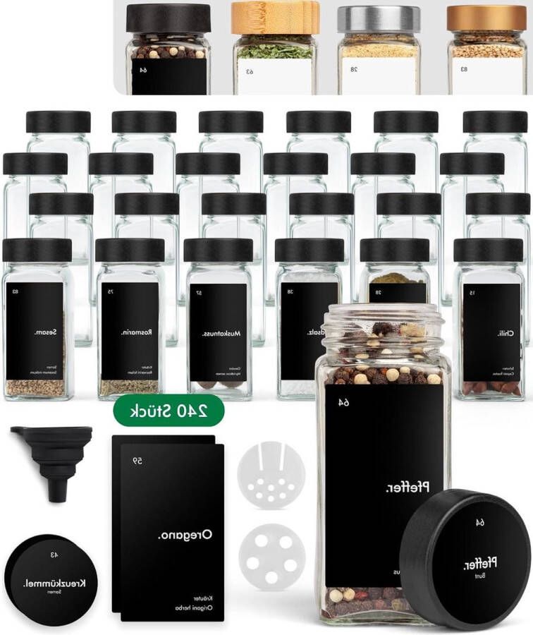 Kruidenpotjes met Stickers 24 x 120 ml Waterdichte Labels Luchtdichte Kruidenpotjes Kruidenstrooier Glazen Stickers Zwarte Deksel Zwarte Kruidenpotjes met Stickers