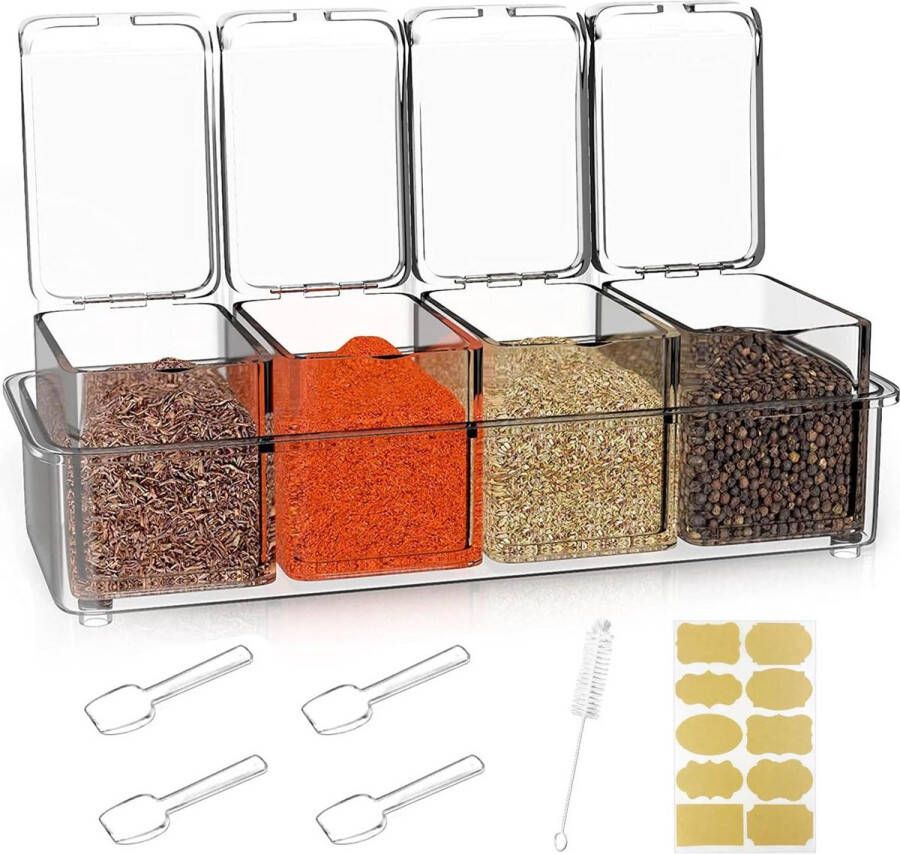 Kruidenpotjes met Stickers Acryl Transparante Kruidencontainer Kunststof Lepel Borstel Kruidenetiketten Keukengerei Opbergcontainer Kruidenpotjes met Stickers
