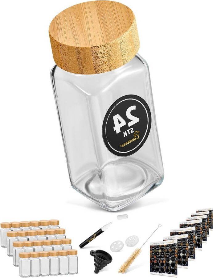 Kruidenpotjes met Stickers bamboe vierkant set 24 stuks 120 ml 105 cm x 43 cm strooi-inzetstuk en krijtstift siliconen trechter Kruidenpotjes met Stickers