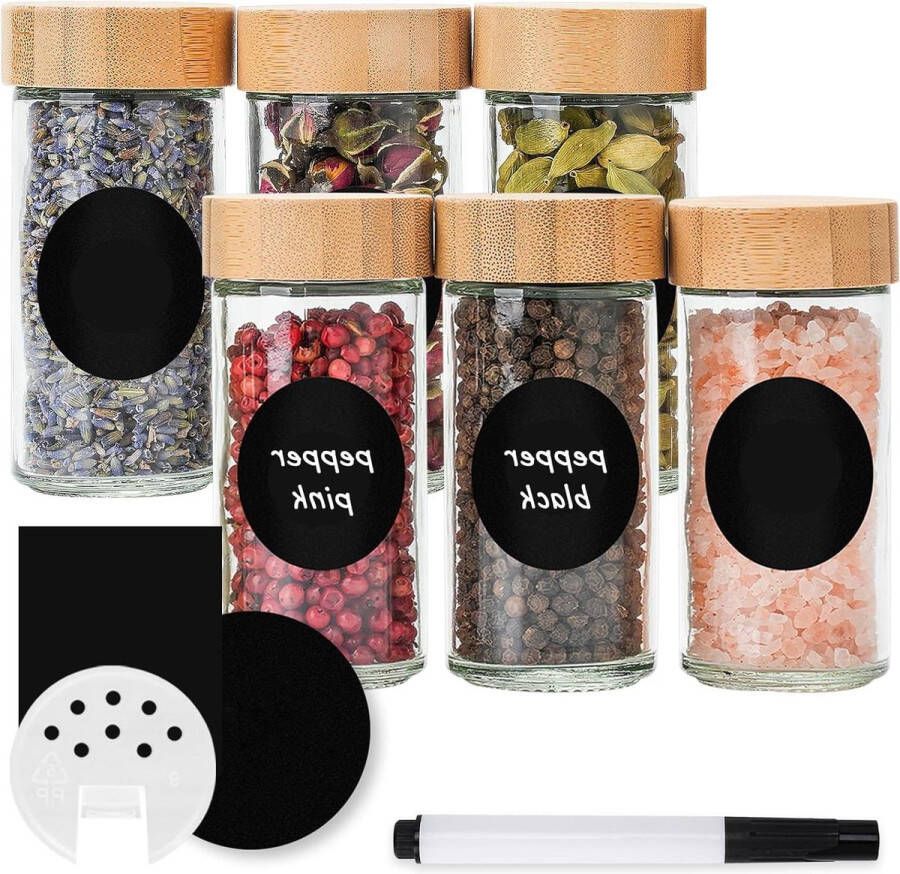 Kruidenpotjes met Stickers bamboedeksel pen Houten Deksel 6 x 100 ml Kruidenopslag Accessoires Kruidenpotjes met Stickers