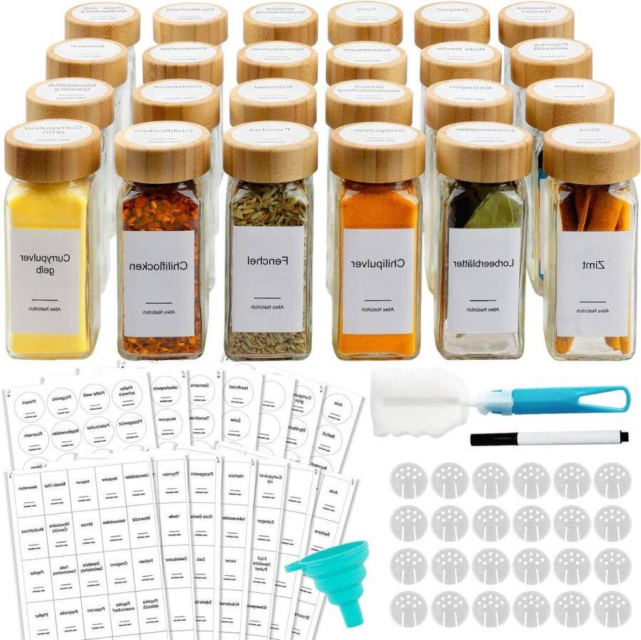 Kruidenpotjes met Stickers Glazen Potjes Kruidenpotjes Set Kruidenstrooier Bamboedeksel Siliconen Trechter Borstel Krijtstift 24 stuks 113 gram 398 etiketten 120 ml Kruidenpotjes met Stickers