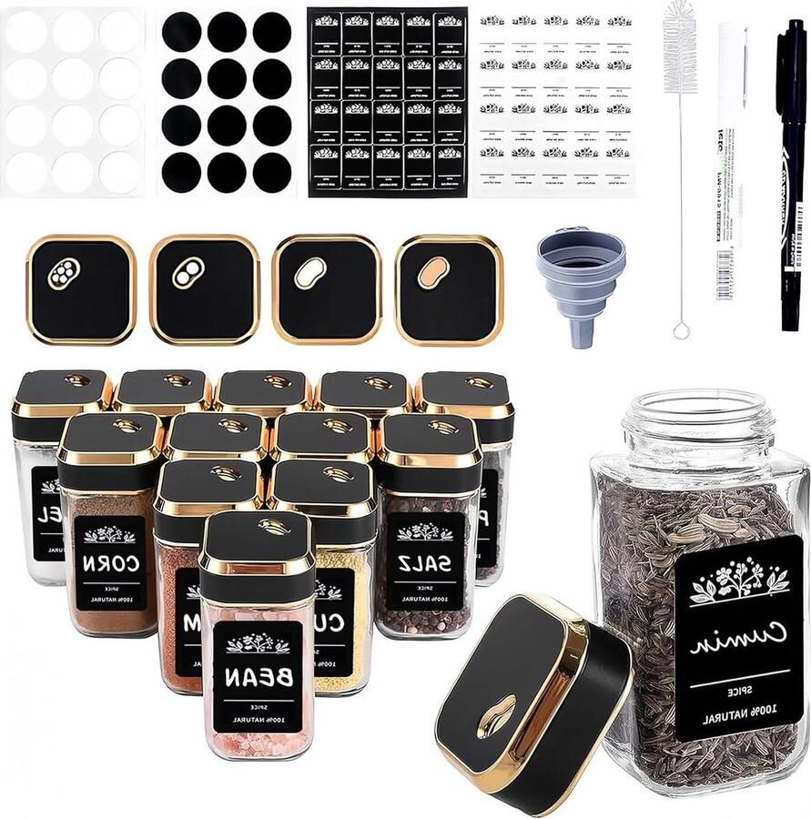 Kruidenpotjes met Stickers Set van 12 stuks vierkant 120 ml Verdikt glas Kruidenstrooiers Roestvrijstalen draaisluiting Kruidenpotjes met Stickers