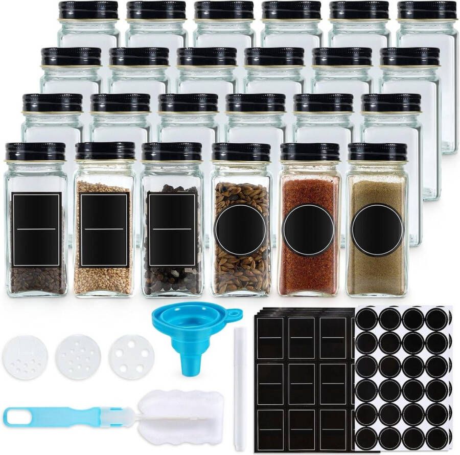 Kruidenpotjes met Stickers Set van 24 Rechthoekig 120 ml Kruidenstrooier Glas Kruidenopslag met Strooiinzetstuk Etiketten Trechter Borstel (Zwart) Kruidenpotjes met Stickers
