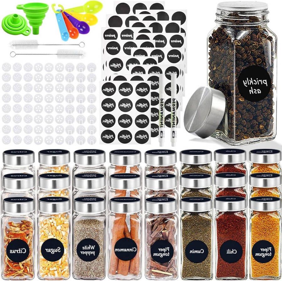 Kruidenpotjes met Stickers Set van 24 stuks Vierkante Glazen Kruidenpotjes met Schroefdop Kruidenpotten Bewaren met Strooiinzetstuk Etiketten Borstel Trechter Kruidenpotjes met Stickers