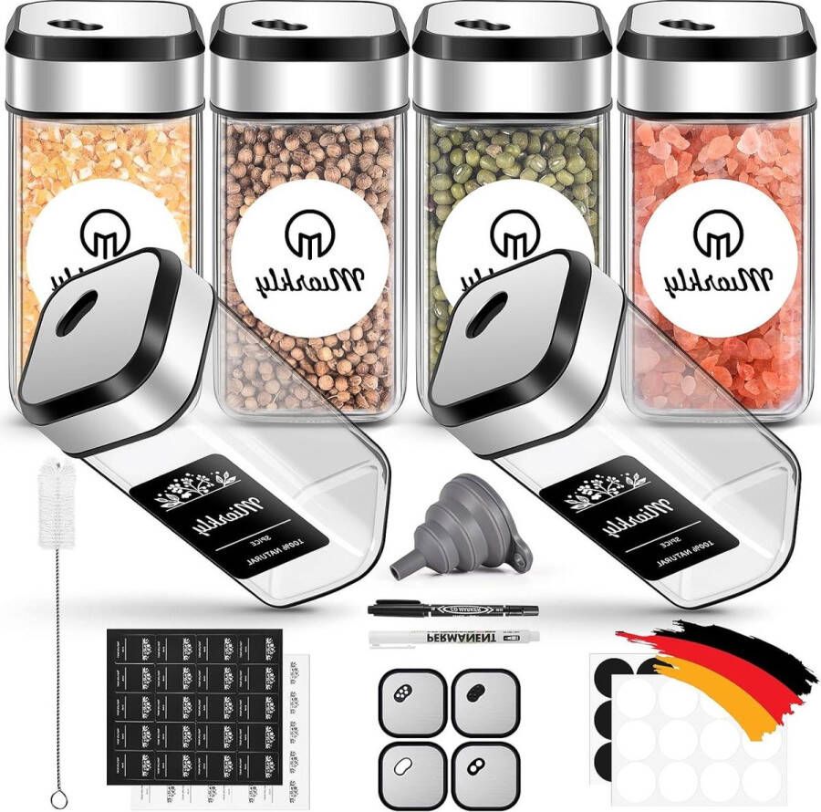 Kruidenpotjes met Stickers Vierkant Glazen Kruidenstrooier 120 ml Draaibaar Deksel Etiket AN222 6 Stuks Kruidenpotjes met Stickers