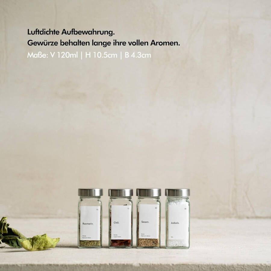 Kruidenpotjes met strooi-inzetstuk [24 x 120 ml] + 240 waterdichte labels vierkant kruidenpotjesset kruidenstrooier kruidenpotjes glazen opslag van roestvrij staal