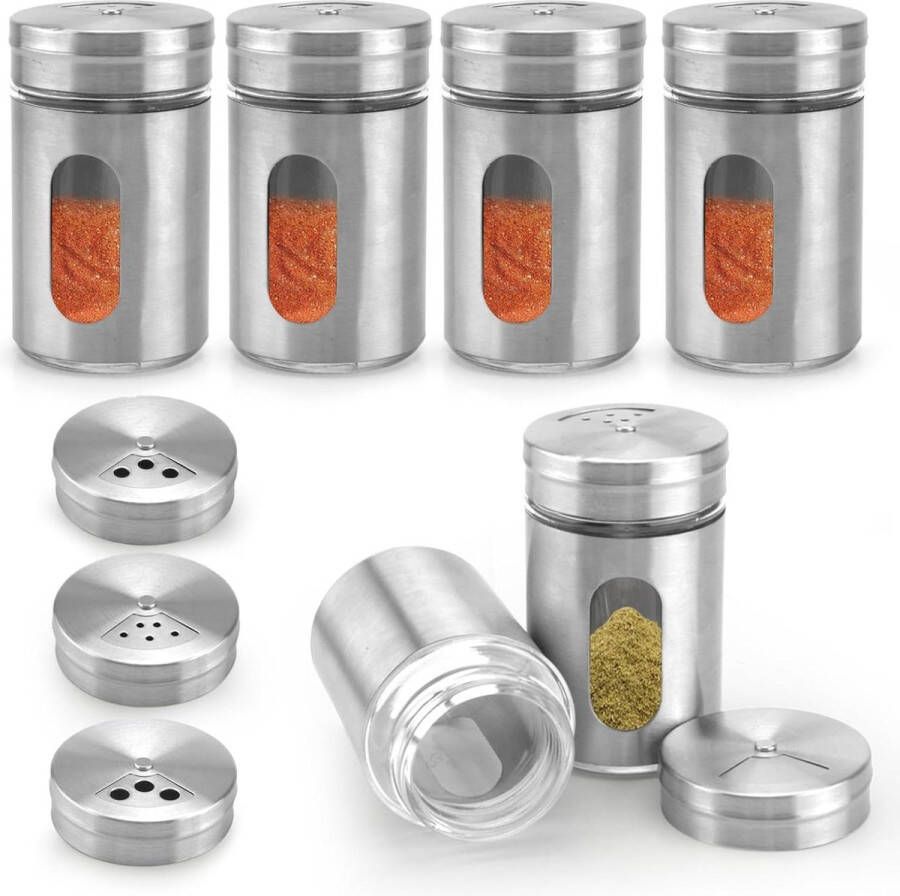 Kruidenpotjes met strooiinzetstuk van roestvrij staal Set van 6 mini-kruidenstrooiers van glas met organizer voor keukengerei kruidenpotjes vierkant