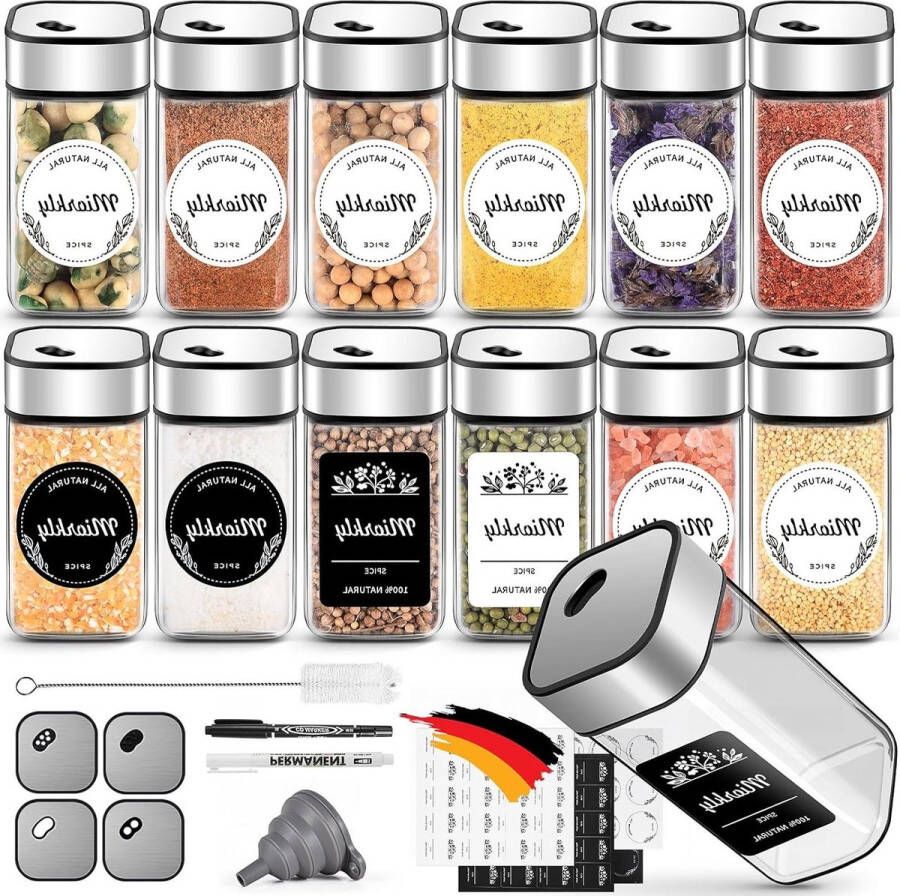 Kruidenpotjes rechthoekig 120 ml set kruidenopslag met strooiinzetstuk kruidenstrooier met draaideksel sterke afdichting roestvrijstalen en glazen kruidenorganizer inclusief trechter en etiket herb jars