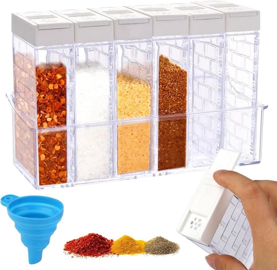 Kruidenpotjes rechthoekig set van 6 stuks voor camping kruidenpotjes met dienblad peperstrooier kruidenbox specerijen zout peper suiker trechter wit kruidenpotjes vierkant