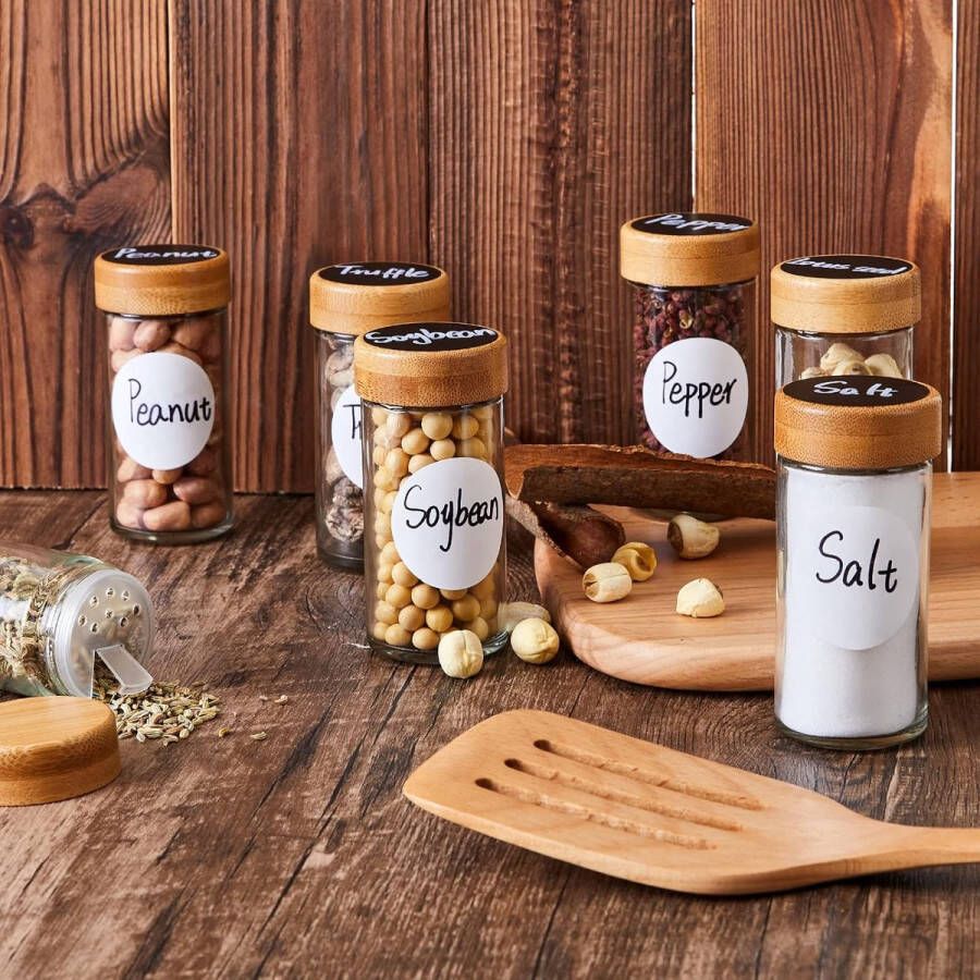 Kruidenpotjes rond met strooi-inzetstuk set van 24 120 ml hoogwaardig houten deksel van bamboe voor kruiden en specerijen met strooi-deksel trechter etiketten en krijtje spice jars