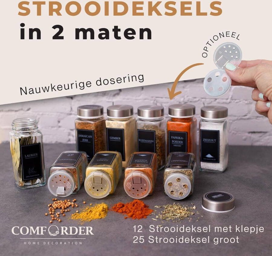 Kruidenpotjes Set (25 stuks) Kruiden Organiseren met Nederlandse Labels Kruidenstrooier en Trechter Vierkante Kruidenpotjes met RVS Deksel 120ml