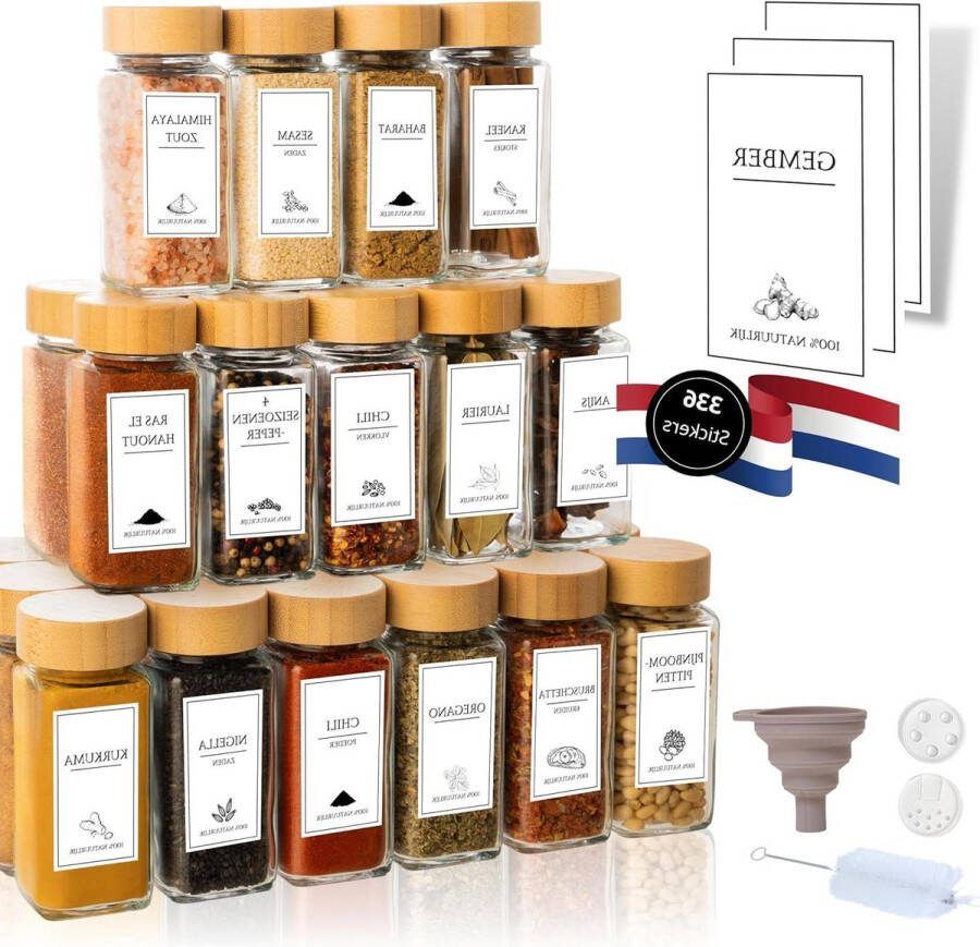 Kruidenpotjes Set 25 stuks Kruiden Organiseren Nederlandse Labels Kruidenstrooier Trechter Vierkante Kruidenpotjes Bamboe Deksel 120ml kruidenpotjes vierkant