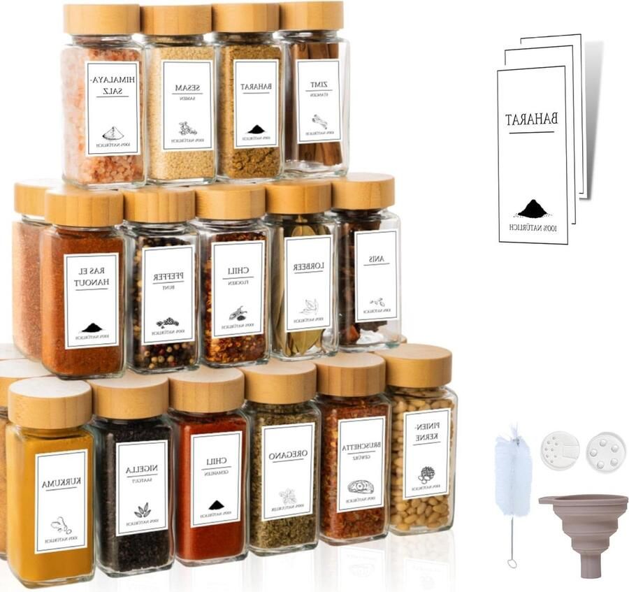 Kruidenpotjes Set Bamboe 25 stuks Kruiden Organiseren Labels Kruidenstrooier Trechter Vierkante Kruidenpotjes Bamboe Deksel 120ml kruidenpotjes vierkant