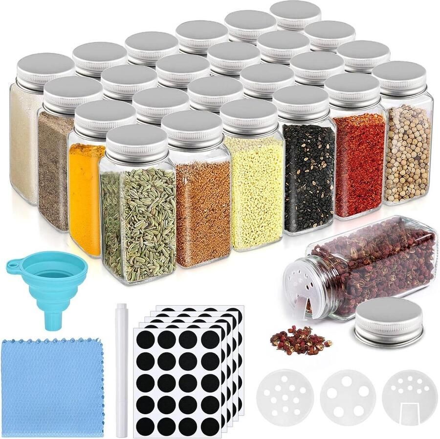 Kruidenpotjes set van 24 glazen potjes met deksel en etiketten kruidenpotje met strooier en trechter reinigingsborstel keukenkruidenbox opslag van kruiden en specerijen (Zilver) herb jars