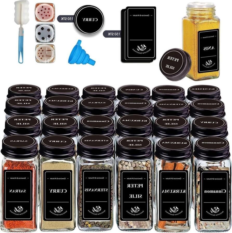 Kruidenpotjes set van 24 stuks 120 ml etiketten en strooiinzetstuk vierkante kruidenpotjes premium design specerijen bewaren zwart genieters Kruidenpotjes