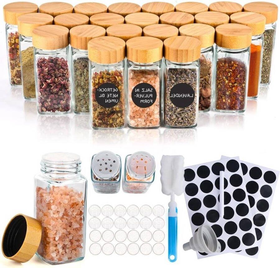 Kruidenpotjes Set van 24 Vierkant 120ml Glazen Kruidenpotjes met Bamboe Deksel Schoonmaakborstel Marker Lege Stickers Siliconen Trechter kruidenpotjes vierkant