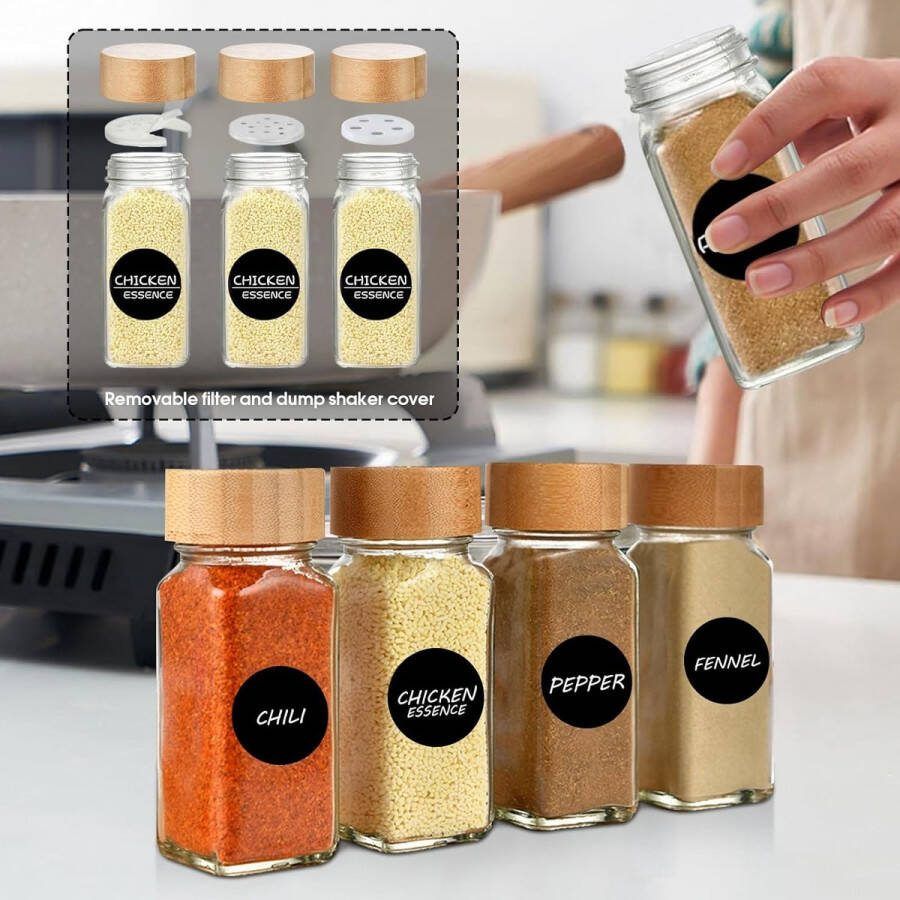 Kruidenpotjes Set van 24 Vierkante glazen Kruidenpotjes kruidenstrooier kruidenpotjes met kruidenetiketten Schoonmaakborstel Trechter Transparante Kruidenpotjes Spice jars voor de keuken