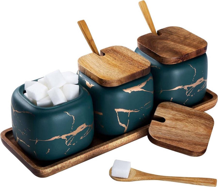 Kruidenpotjes set van 3 keramische suikerpotjes met deksel en lepel bamboe voor huis en keuken alternatief voor kruidenstandaard en kruidenrek voor keuken en eettafel groen marmerpatroon