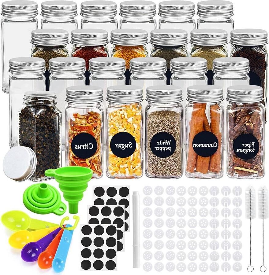 Kruidenpotjes Set24pcs Vierkante Glazen Kruidenpotjes met Schroefdop Bewaren met Strooiinzetstuk Etiketten Trechter Borstel kruidenpotjes vierkant