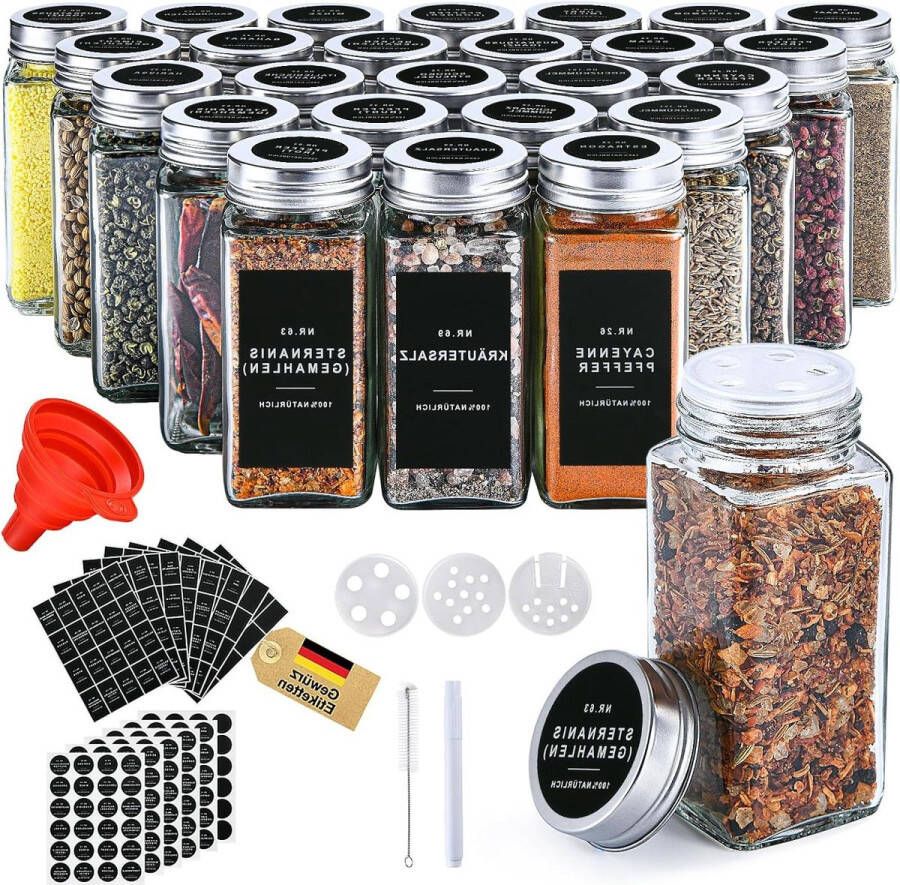 Kruidenpotjes Stickers vierkant set van 25 kleine glazen potjes 120 ml strooideksel etiketten waterdicht kruidenopslag keuken lade Kruidenpotjes met Stickers