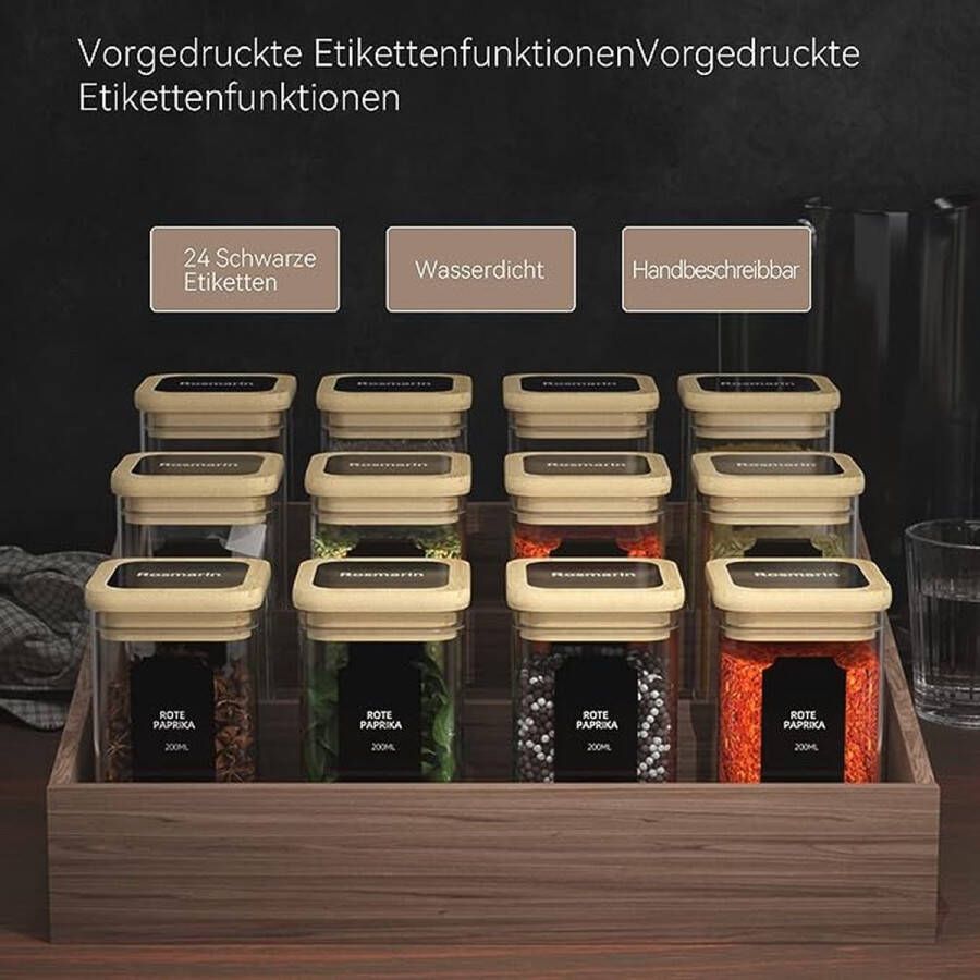 Kruidenpotjes vierkant 12 x 200 ml hoogwaardige kruidenpotjes van glas glazen container met bamboedeksel luchtdicht glazen voorraaddozen set met etiketten en markers glazen voor het