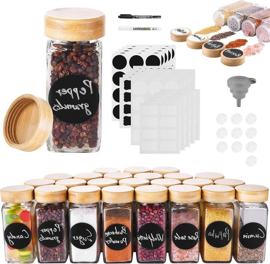 Kruidenpotjes vierkant 120 ml set van 24 bamboe deksel strooiinzetstuk trechter etiketten krijtstift Kruidenpotjes vierkant