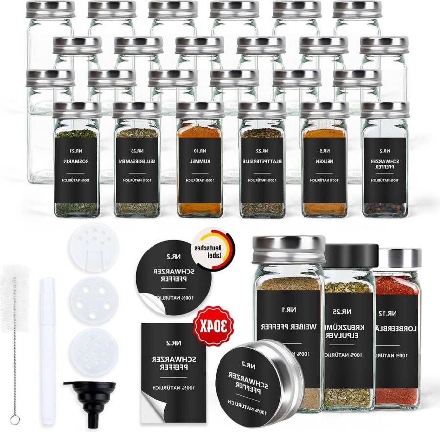 Kruidenpotjes vierkant 120 ml set van 24 glazen kruidenpotjes met etiketten en strooiinzetstuk waterdichte etiketten voor keuken lade kruidenopslag Kruidenpotjes vierkant