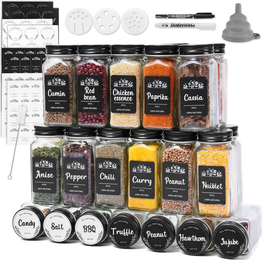Kruidenpotjes vierkant 24-delig 120 ml zwart deksel kruidenpotjes met doe-het-zelf etiketten strooi-inzetstuk krijtstift trechter en borstel kruidenstrooier kruidenpotjes