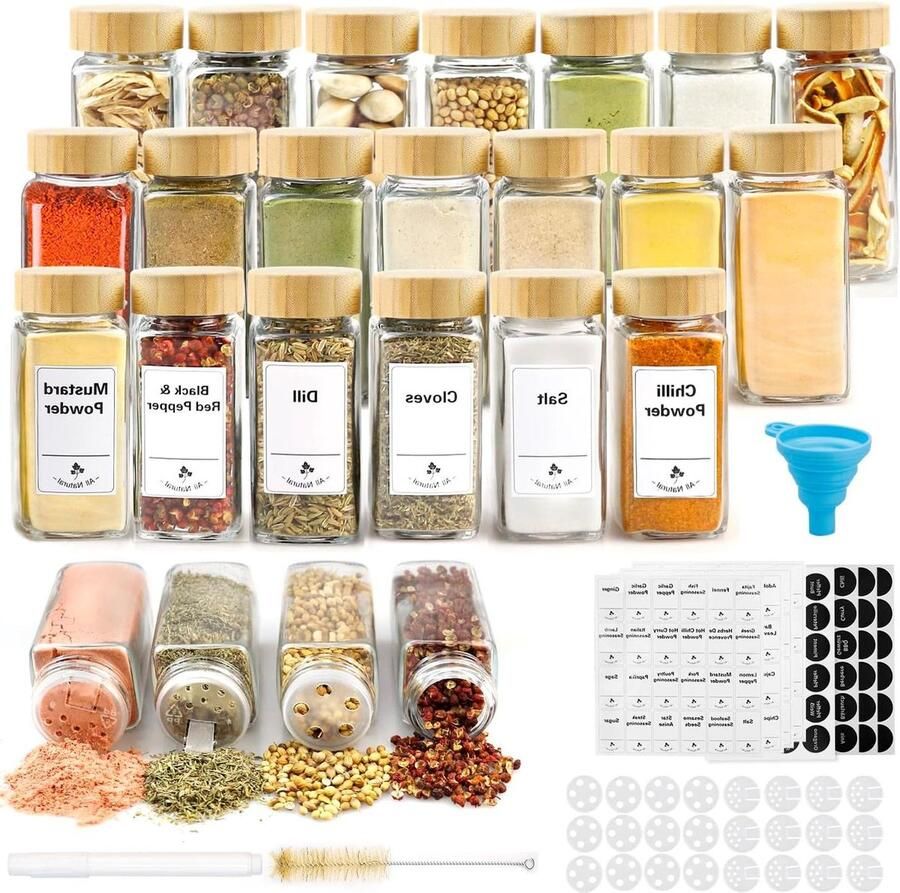Vierkante kruidenpotjes set van 36 stuks (120 ml) met bamboedeksel 105 x 45 cm glazen kruidenstrooier kruidenopslag kruidenpotjes vierkant