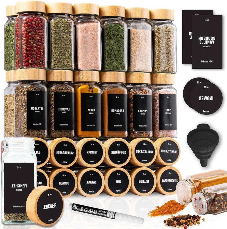 Kruidenpotjes Vierkant Luchtdicht 36-Delige Set Glazen Kruidenpotjes Set met Etiketten en Strooier Spice Jars Opslag Containers voor Kruiden Kruidenpotjes vierkant
