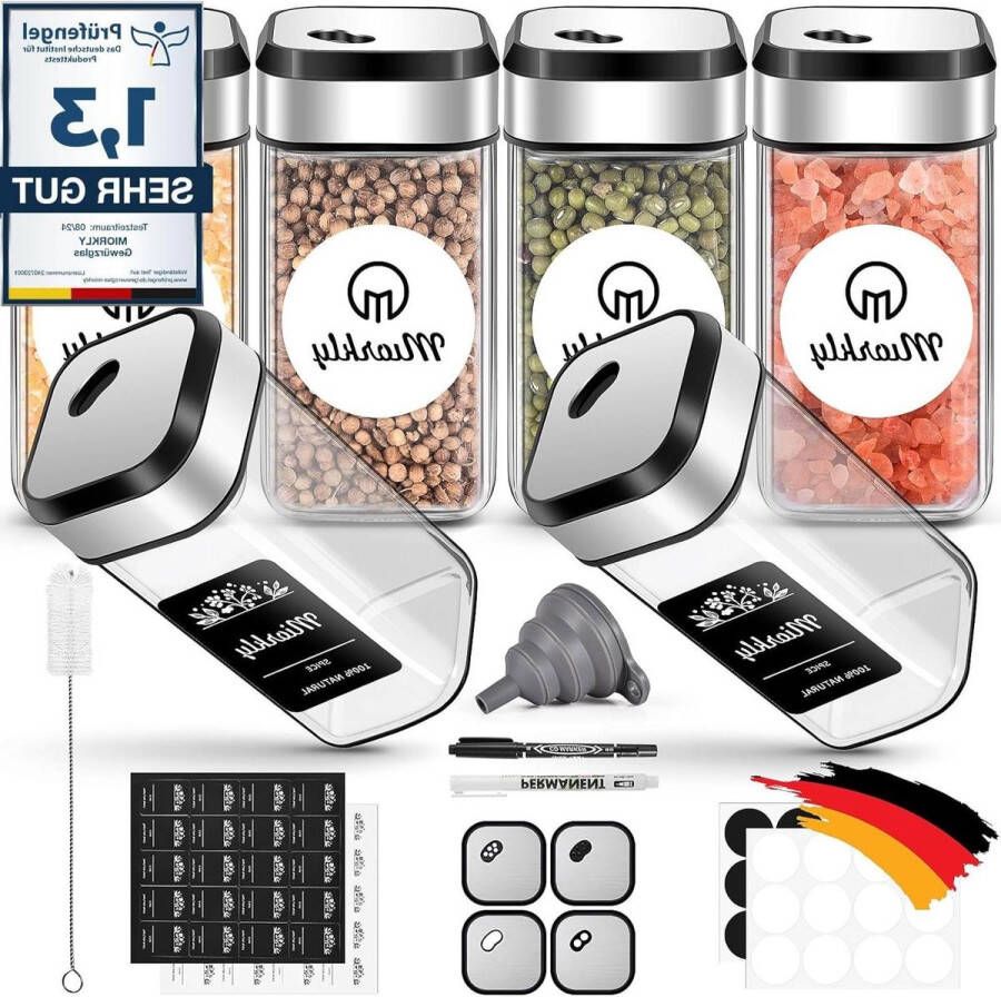 Kruidenpotjes vierkant met strooiinzetstuk 6 stuks glazen kruidenstrooier 120 ml kruidenpotjes set kruidenpotjes met draaibaar deksel met etiket AN222 A. 6 stuks kruidenpotjes vierkant
